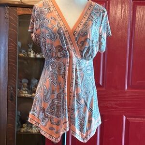 INC International Concepts Orange and Gray Flutter Sleeve Asymmetrical Blouse